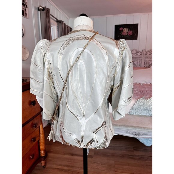1980’s Med/Large Terry And Toni Designer Cream And Gold Leather Jacket Plus - Picture 7 of 11